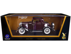 1932 Ford 3-Window Coupe Burgundy with Black Top 1/18 Diecast Model Car by Road Signature