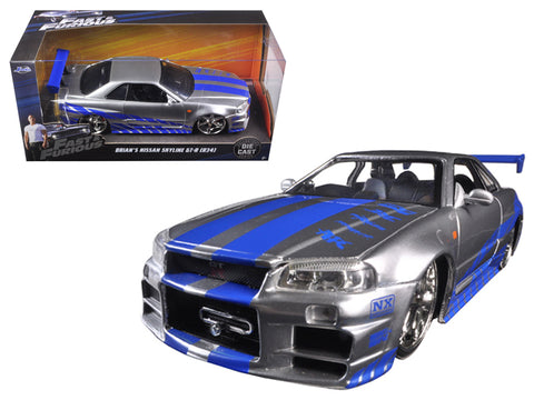 Brian's Nissan GTR Skyline R34 Silver with Blue Stripes "Fast & Furious" Movie 1/24 Diecast Model Car by Jada