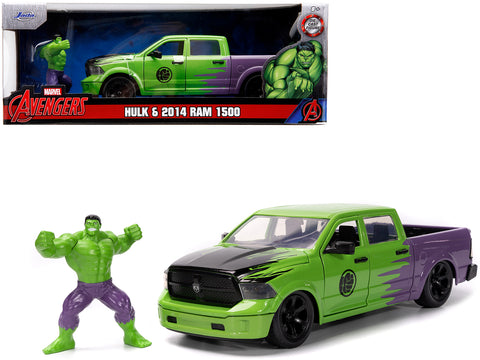 2014 RAM 1500 Pickup Truck Green and Purple and Hulk Diecast Figure "Marvel Avengers" "Hollywood Rides" Series 1/24 Diecast Model by Jada