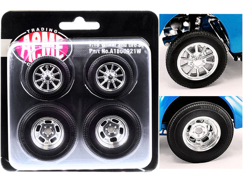 Show Chrome Gasser Wheels and Tires Set of 4 pieces from "1940 Gasser" for 1/18 Scale Models by ACME