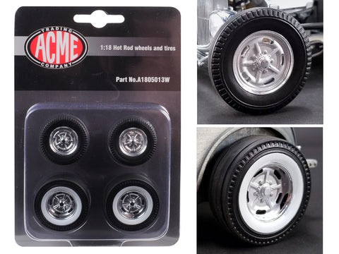 Chrome Salt Flat Wheels and Tires (4 Piece Set) from a 1932 Ford "5 Window" Hot Rod 1/18 Diecast by Acme