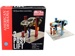 Two Post Lift (Sky Blue) with Mechanic Figure and Oil Drainer Diorama Set for 1/64 Scale Models by American Diorama