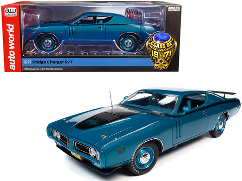 1971 Dodge Charger R/T 426 Hemi Blue Metallic with Black Stripes "Class of 1971" 1/18 Diecast Model Car by Autoworld