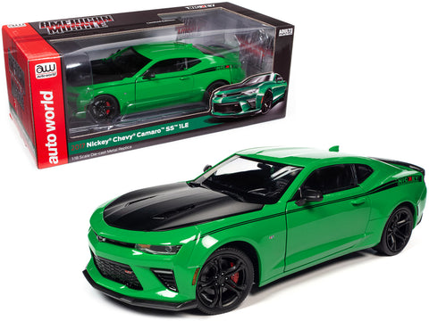 2017 Chevrolet Nickey Camaro SS 1LE Krypton Green with Matte Black Hood and Black Stripes 1/18 Diecast Model Car by Autoworld
