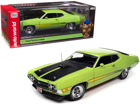 1971 Ford Torino Cobra Grabber Lime Green with Matte Black Hood and Stripes "Class of 1971" Series 1/18 Diecast Model Car by Auto World