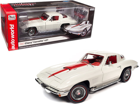 1967 Chevrolet Corvette 427 Coupe White with Red Stinger Stripe and Red Interior 1/18 Diecast Model Car by Autoworld