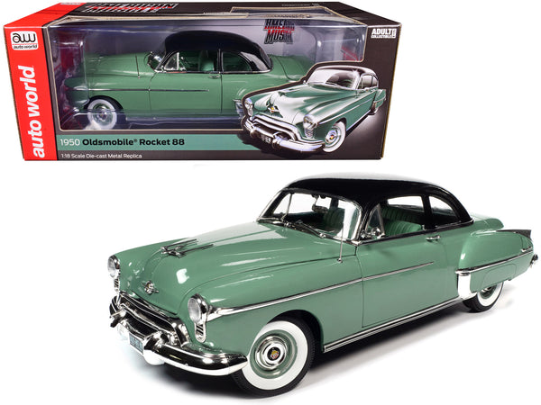 1950 Oldsmobile Rocket 88 Alder Green with Black top and Green and White Interior 1/18 Diecast Model Car by Autoworld