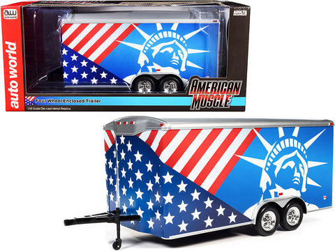 Four Wheel Enclosed Car Trailer Patriotic Theme with Graphics for 1/18 Scale Model Cars by Autoworld