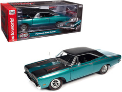 1969 Plymouth Road Runner Seafoam Turquoise Metallic with Black Top and Red Stripes "Muscle Car & Corvette Nationals" (MCACN) 1/18 Diecast Model Car by Autoworld