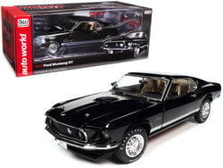 1969 Ford Mustang GT Raven Black with White Stripes and Gold Interior 1/18 Diecast Model Car by Autoworld
