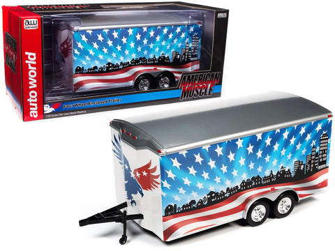 Four Wheel Enclosed Car Trailer Patriotic "Brave and Bold" with Graphics for 1/18 Scale Model Cars by Autoworld