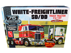 White Freightliner SD/DD Truck Tractor (2 in 1 Kit) with Display Base Model Kit (Skill Level 3) "75th Freightliner Anniversary" Commemorative Edition 1/25 Scale Model by AMT