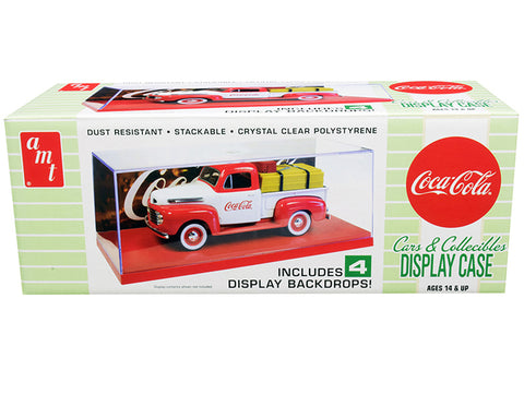 Collectible Display Show Case with Red Display Base and 4 "Coca-Cola" Display Backdrops for 1/24-1/25 Scale Diecast Model Cars by AMT