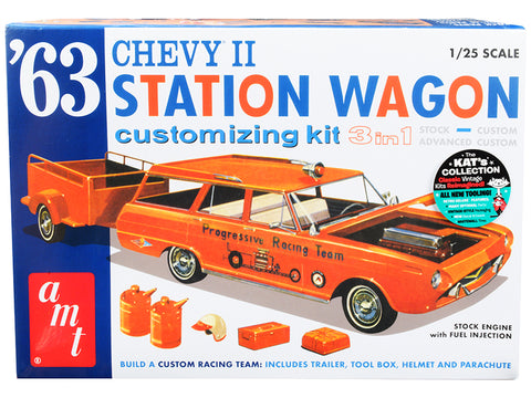 1963 Chevrolet II Station Wagon with Trailer 3-in-1 Plastic Model Kit (Skill Level 2) 1/25 Scale Model by AMT