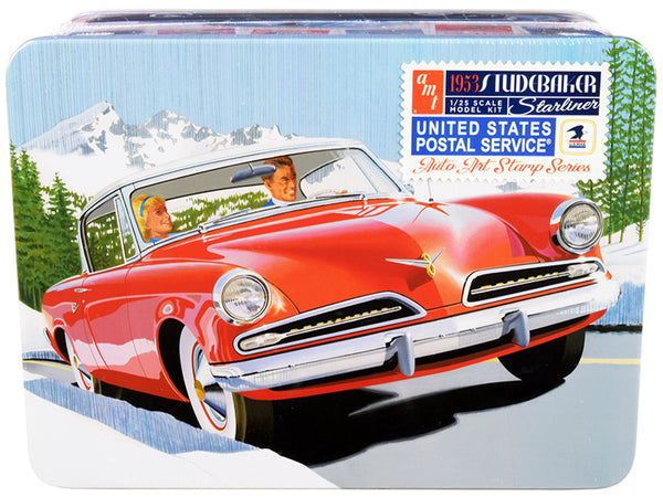 1953 Studebaker Starliner with "USPS - United States Postal Service" Themed Collectible Tin Box 3-In-1 Plastic Model Kit (Skill Level 2) 1/25 Scale Model by AMT