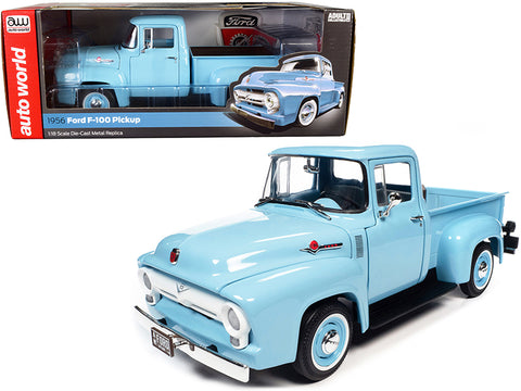 1956 Ford F-100 Mild Custom Pickup Truck Diamond Blue 1/18 Diecast Model by Autoworld