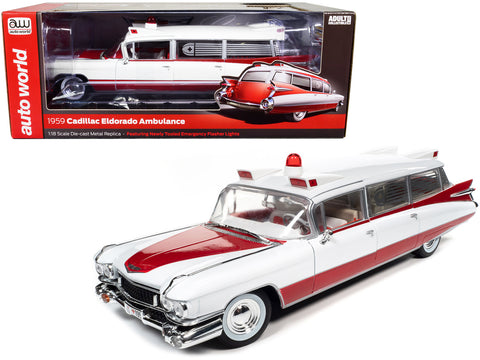 1959 Cadillac Eldorado Ambulance Red and White 1/18 Diecast Model by Autoworld