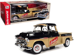 1957 Chevrolet 3100 Stepside Pickup Truck Black and Tan with Graphics "Leinenkugle's Beer The Pride of Chippewa Falls" 1/18 Diecast Model by Autoworld