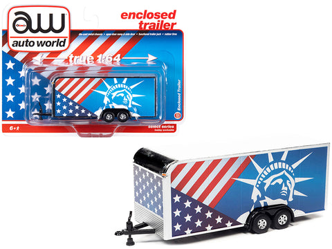 4-Wheel Enclosed Car Trailer with Patriotic Graphics 1/64 Diecast Model by Autoworld