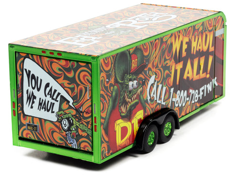 4-Wheel Enclosed Car Trailer Green with Graphics "Rat Fink: We Haul it All!" 1/64 Diecast Model by Autoworld