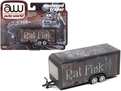 4-Wheel Enclosed Car Trailer Dark Gray with Graphics "Rat Fink" 1/64 Diecast Model by Autoworld