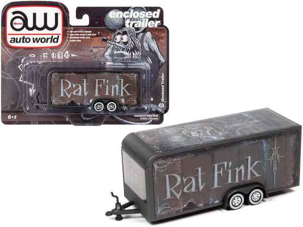 4-Wheel Enclosed Car Trailer Dark Gray with Graphics "Rat Fink" 1/64 Diecast Model by Autoworld