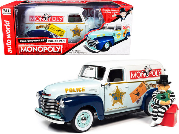 1948 Chevrolet Panel Police Van with Mr. Monopoly Figure "Monopoly" 1/18 Diecast Model Car by Autoworld