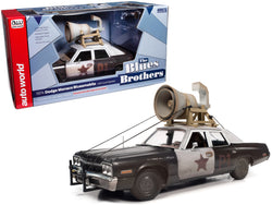 1974 Dodge Monaco "Bluesmobile" with Loud Speaker Black and White (Dirty) with Jake and Elwood Blues Figures "The Blues Brothers" (1980) Movie 1/18 Diecast Model Car by Autoworld