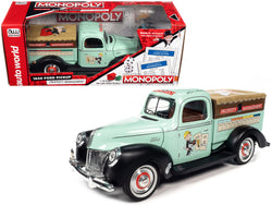 1940 Ford Pickup Truck "Property Management" Light Green with Graphics and Mr. Monopoly Construction Resin Figure "Monopoly" 1/18 Diecast Model by Autoworld