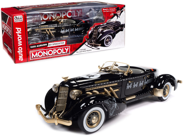 1935 Auburn 851 Speedster Black with "Monopoly" Graphics and Mr. Monopoly Resin Figure 1/18 Diecast Model Car by Autoworld