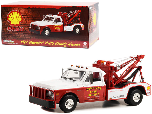 1972 Chevrolet C-30 Dually Wrecker Tow Truck "Downtown Shell Service - Service is Our Business" White and Red 1/18 Diecast Model by Greenlight