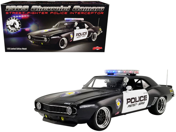 1969 Chevrolet Camaro Black and White Street Fighter Police Interceptor Limited Edition to 1,140 pieces Worldwide 1/18 Diecast Model Car by GMP