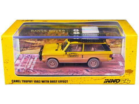 Land Rover Range Rover Classic "Camel Trophy 1982" Yellow (Dust Effect) with Roof Rack, Tool Box and 4 Oil Container Accessories 1/64 Diecast Model by Inno Models