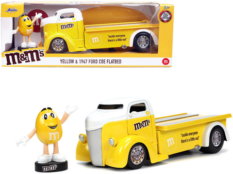 1947 Ford COE Flatbed Truck Yellow Metallic with White Top and Yellow M&M Diecast Figure "M&M's" "Hollywood Rides" Series 1/24 Diecast Model Car by Jada