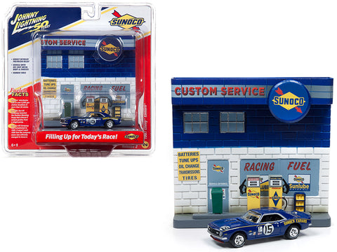 1967 Chevrolet Camaro #15 "Sunoco" with "Sunoco" Exterior Service Gas Station Facade Diorama Set "Johnny Lightning 50th Anniversary" 1/64 Scale Diecast Models by Johnny Lightning"