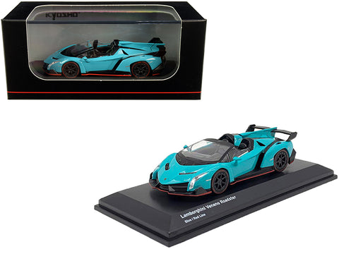 Lamborghini Veneno Roadster Light Blue with Red Line 1/64 Diecast Model Car by Kyosho