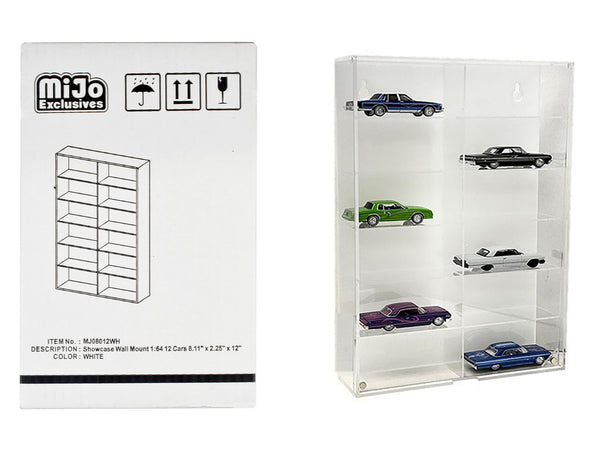 Acrylic 12 Car Display Case (Showcase Wall Mount with White Back Panel) "Mijo Exclusives" for 1/64 Scale Models