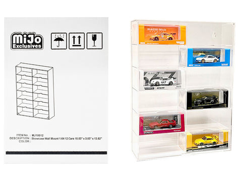 Acrylic 12 Car Display Case (Showcase Wall Mount with Clear Back Panel and Extra Space) "Mijo Exclusives" for 1/64 Scale Models