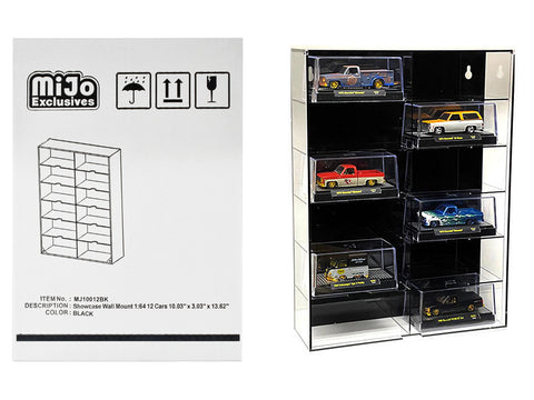 Acrylic 12 Car Display Case (Showcase Wall Mount with Black Back Panel and Extra Space) "Mijo Exclusives" for 1/64 Scale Models