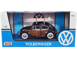 1966 Volkswagen Beetle Black with Wood Panels and Two Surfboards on Roof Rack 1/24 Diecast Model Car by Motormax