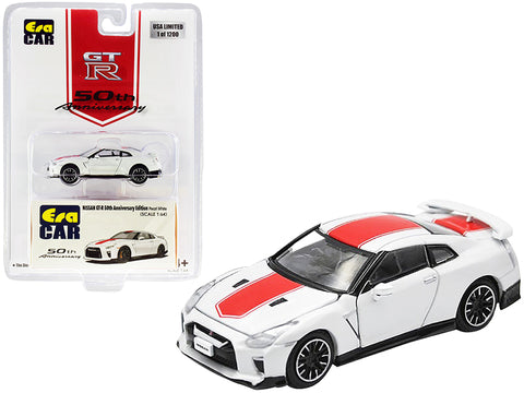 Nissan GT-R RHD (Right Hand Drive) Pearl White with Red Stripe "50th Anniversary Edition" Limited Edition to 1,200 pieces 1/64 Diecast Model Car by Era Car