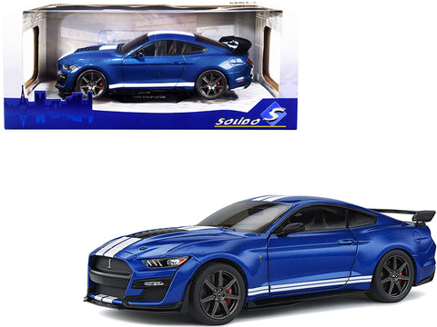 2020 Ford Mustang Shelby GT500 Fast Track Ford Performance Blue Metallic with White Stripes 1/18 Diecast Model Car by Solido