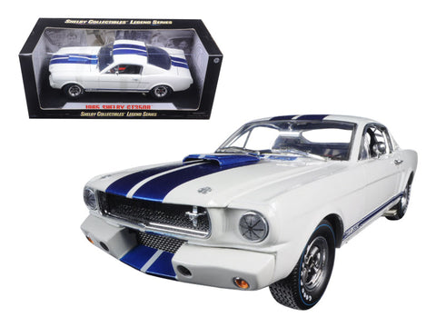 1965 Ford Shelby Mustang GT 350R White with Blue Stripes and Signature 1/18 Diecast Model Car by Shelby Collectibles