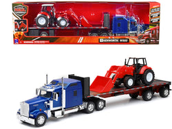 Kenworth W900 Truck with Flatbed Trailer Blue Metallic with Farm Tractor Red "Long Haul Truckers" Series 1/32 Diecast Model by New Ray