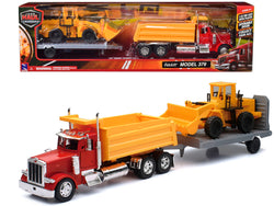 Peterbilt 379 Dump Truck Red and Wheel Loader Yellow with Flatbed Trailer "Long Haul Truckers" Series 1/32 Diecast Model by New Ray