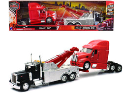 Peterbilt 379 Tow Truck Black with Peterbilt 387 Truck Tractor Red (2 Piece Set) 1/32 Diecast Model by New Ray