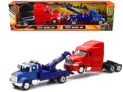 Peterbilt Model 335 Tow Truck Blue and Peterbilt Model 387 Cab Red (2 Piece Set) 1/43 by New Ray