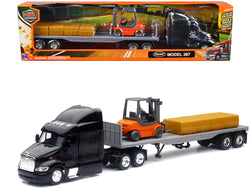Peterbilt 387 Truck with Flatbed Trailer Black with Forklift and Hay Bales "Long Haul Trucker" Series 1/43 Diecast Model by New Ray