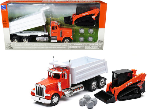 Peterbilt Dump Truck "Kubota" Orange and White with Kubota SVL95-2s Compact Track Loader Orange and Black and Boulders (2 Piece Set) 1/32 Diecast Models by New Ray