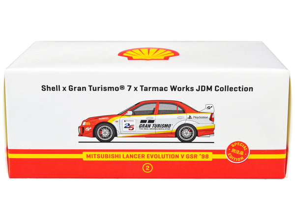 1998 Mitsubishi Lancer Evolution V GSR RHD (Right Hand Drive) Red and White with Yellow Stripes "Shell x Gran Turismo 7" Special Edition 1/64 Diecast Model Car by Tarmac Works